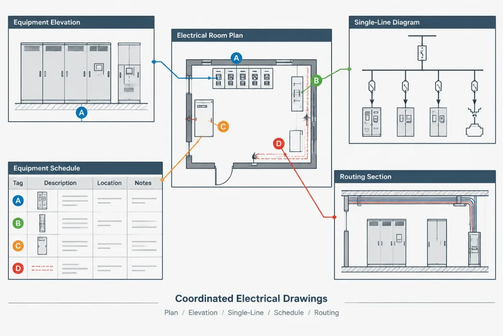 Electrical Room Layouts in CAD: Coordinating Equipment, Access, and Routing electrical CAD illustration
