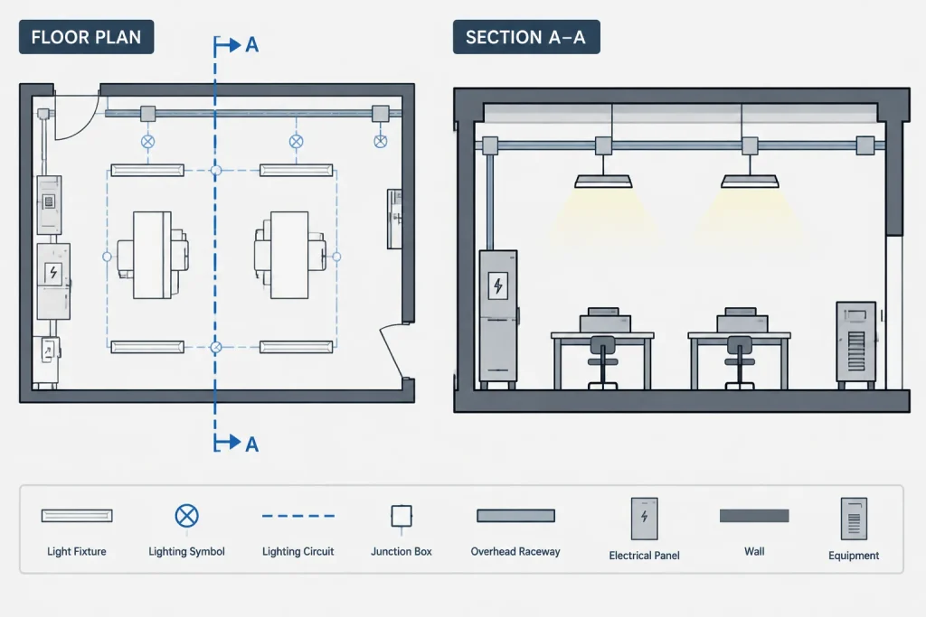 Electrical Sections in CAD: Cut Lines, View Direction, and Drawing Coordination electrical CAD illustration