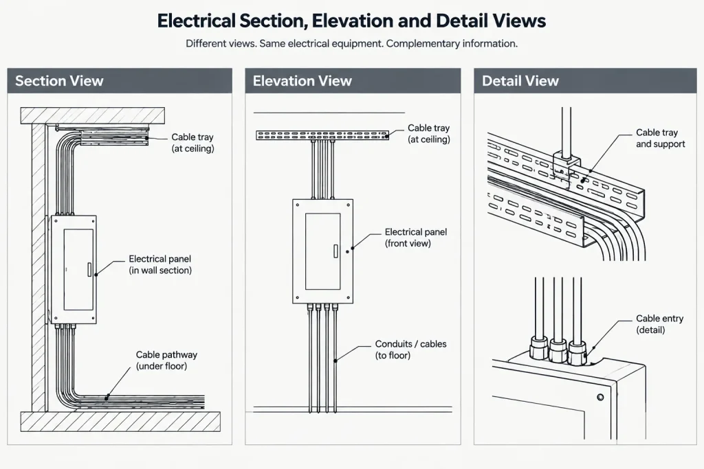 Electrical Sections in CAD: Cut Lines, View Direction, and Drawing Coordination electrical CAD illustration