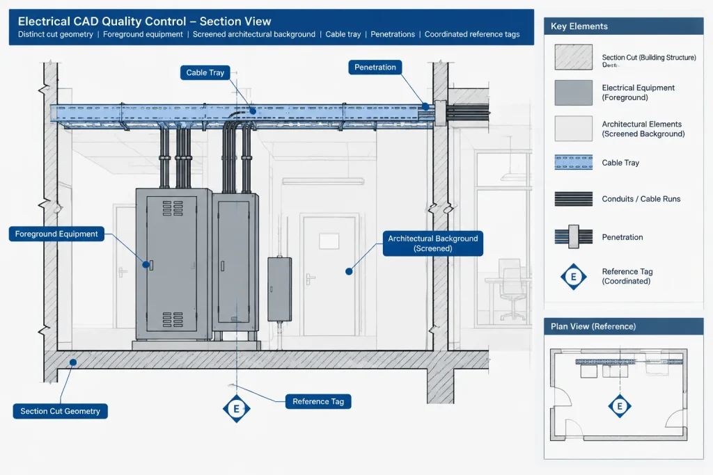 Electrical Sections in CAD: Cut Lines, View Direction, and Drawing Coordination electrical CAD illustration