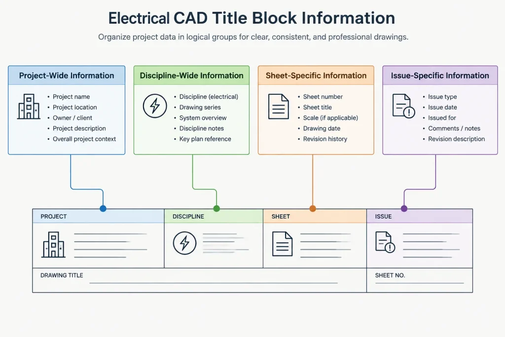 Electrical Title Blocks in CAD: Coordinating Sheet Metadata, Revisions, and Issue Data electrical CAD illustration