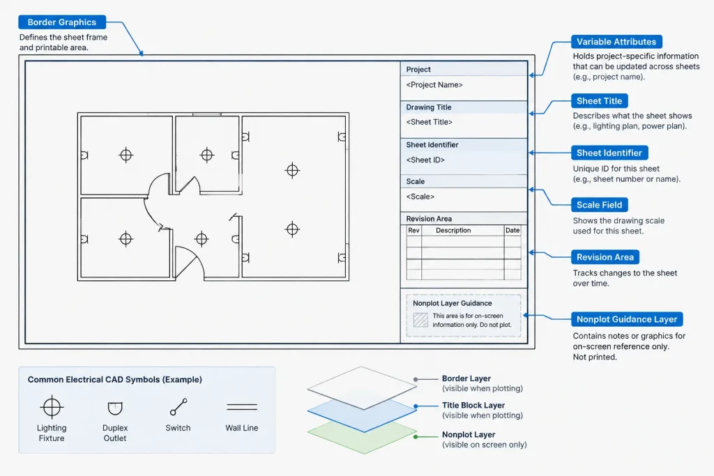 Electrical Title Blocks in CAD: Coordinating Sheet Metadata, Revisions, and Issue Data electrical CAD illustration