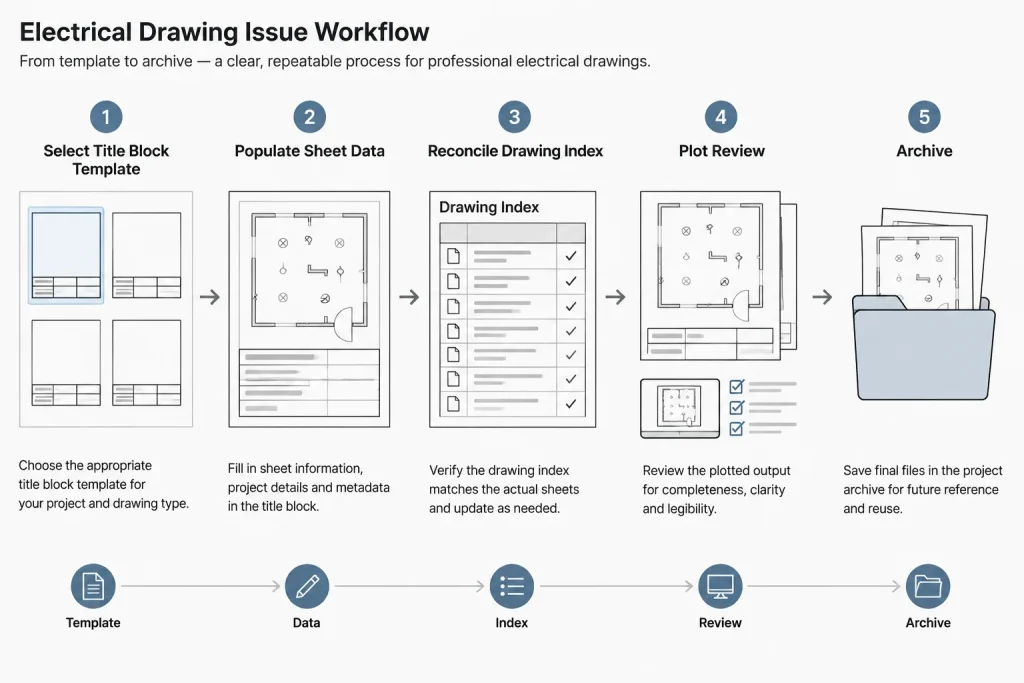 Electrical Title Blocks in CAD: Coordinating Sheet Metadata, Revisions, and Issue Data electrical CAD illustration