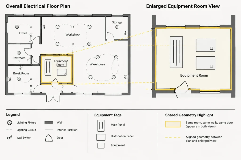 Enlarged Electrical Plans in CAD: View Boundaries, Callouts, and Detail Coordination electrical CAD illustration