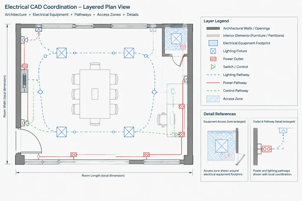 Enlarged Electrical Plans in CAD: View Boundaries, Callouts, and Detail Coordination electrical CAD illustration