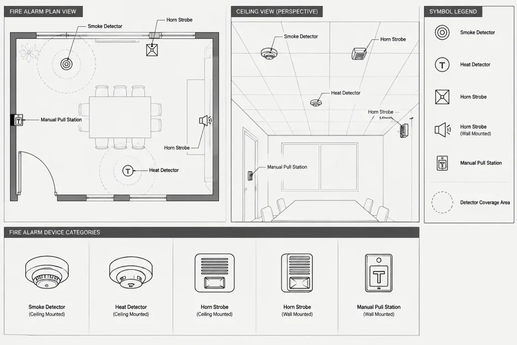 Fire Alarm Plans in CAD: Coordinating Devices, Pathways, Zones, and System Interfaces electrical CAD illustration