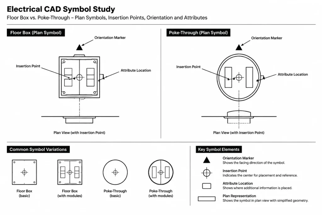 Floor Boxes and Poke-Through Devices in Electrical CAD: Coordinating Locations, Services, and Details electrical CAD illustration