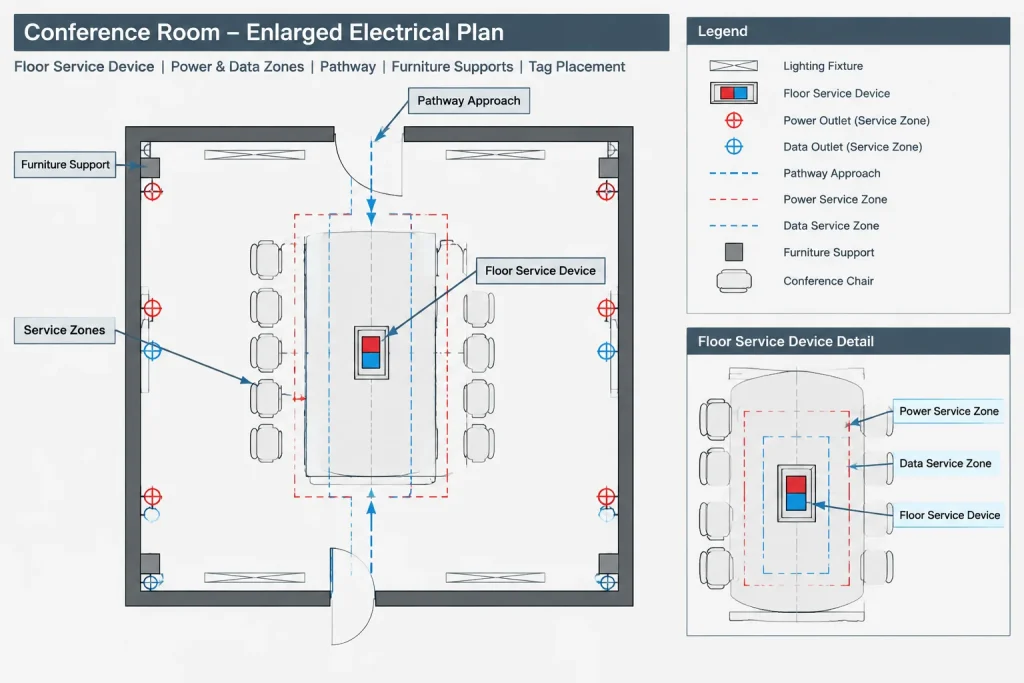 Floor Boxes and Poke-Through Devices in Electrical CAD: Coordinating Locations, Services, and Details electrical CAD illustration