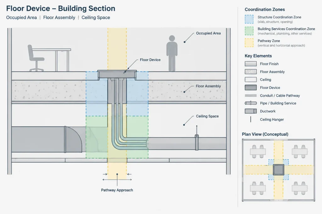 Floor Boxes and Poke-Through Devices in Electrical CAD: Coordinating Locations, Services, and Details electrical CAD illustration