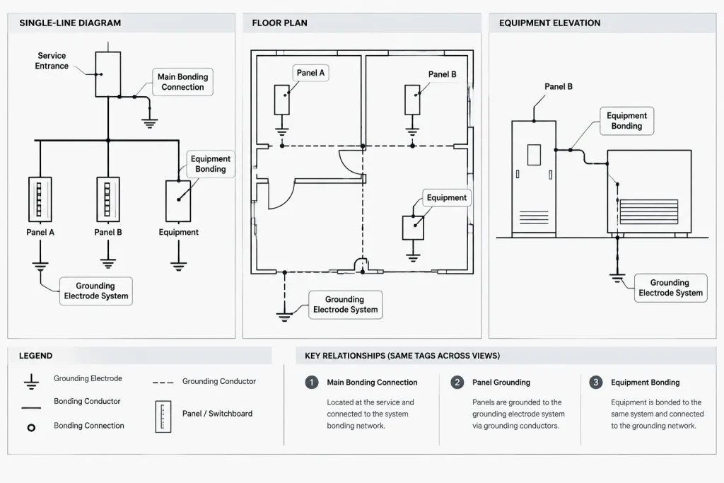 Grounding and Bonding Drawings in CAD: Coordinating Plans, One-Lines, and Details electrical CAD illustration
