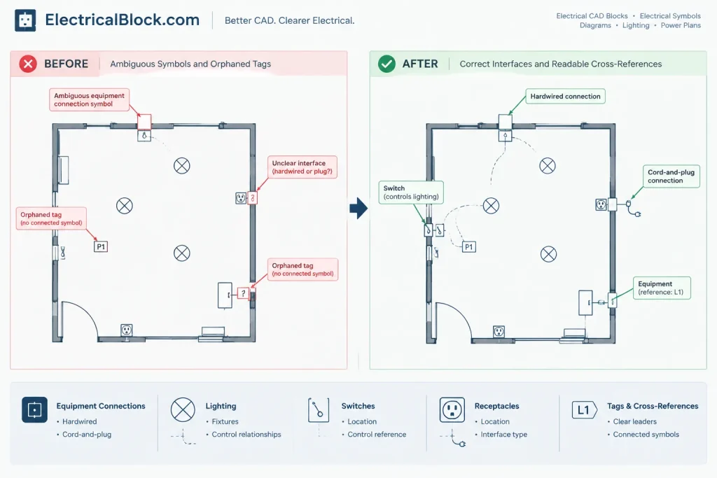 Hardwired vs. Cord-and-Plug Connections in Electrical CAD Drawings electrical CAD illustration