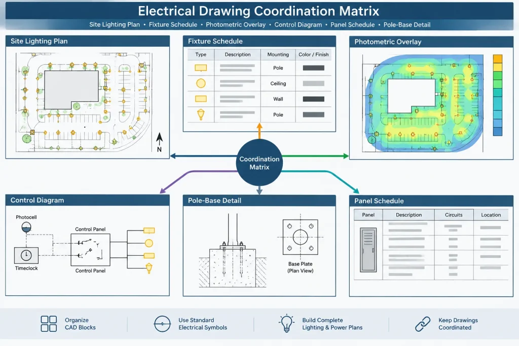 How to Draft Site Lighting Plans in CAD: Poles, Circuits, Controls, and Coordination electrical CAD illustration