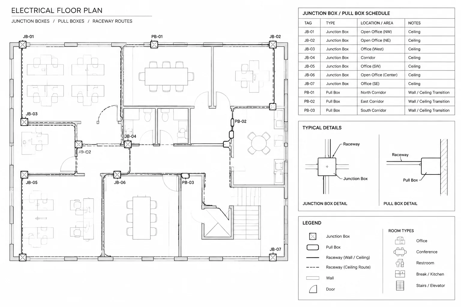 Junction and Pull Box Drawings in CAD: Tags, Routes, Schedules, and Details