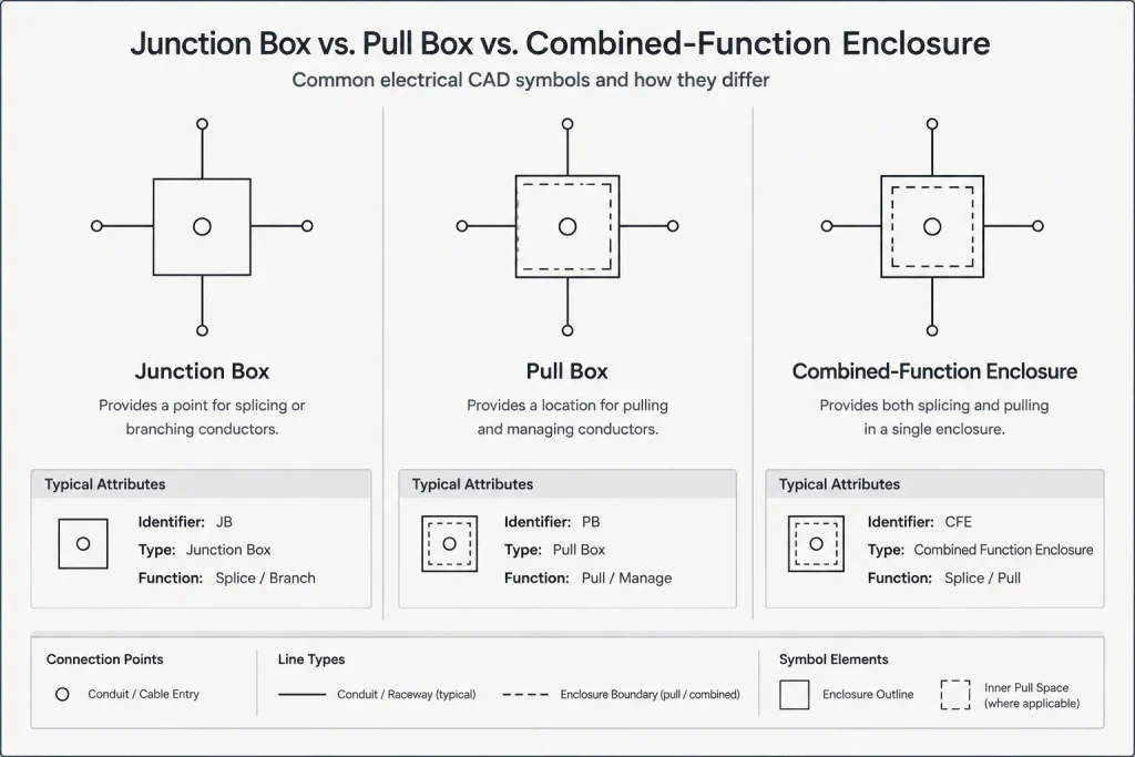 Junction and Pull Box Drawings in CAD: Tags, Routes, Schedules, and Details electrical CAD illustration