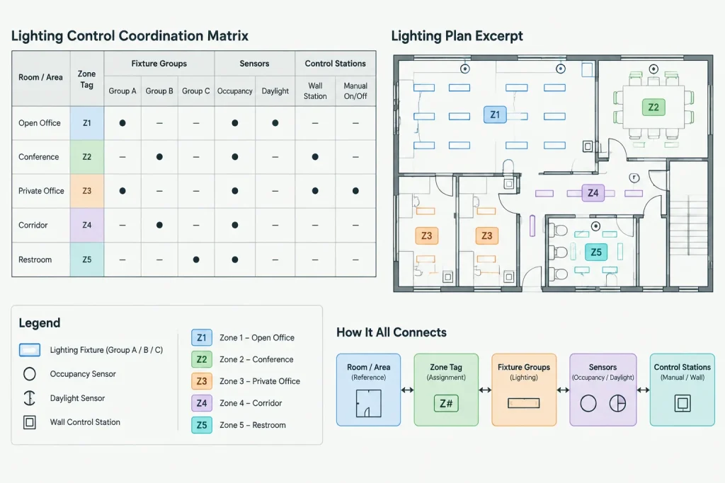 Lighting Control Drawings in CAD: Coordinating Zones, Devices, and Control Diagrams electrical CAD illustration
