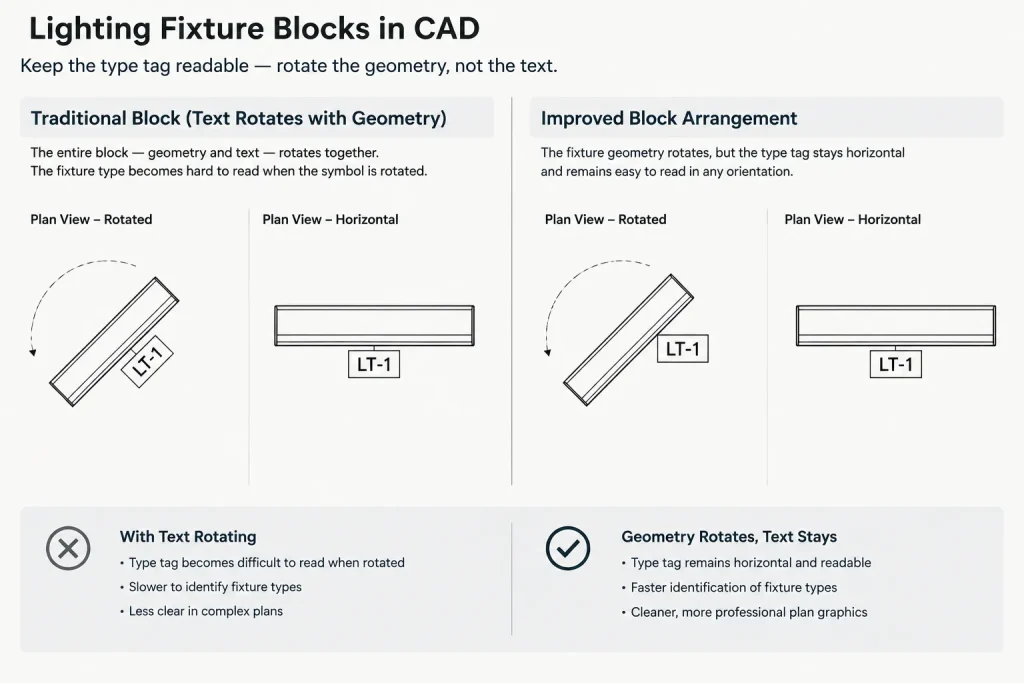 Lighting Fixture Orientation in CAD: Rotation, Alignment, and Schedule Coordination electrical CAD illustration