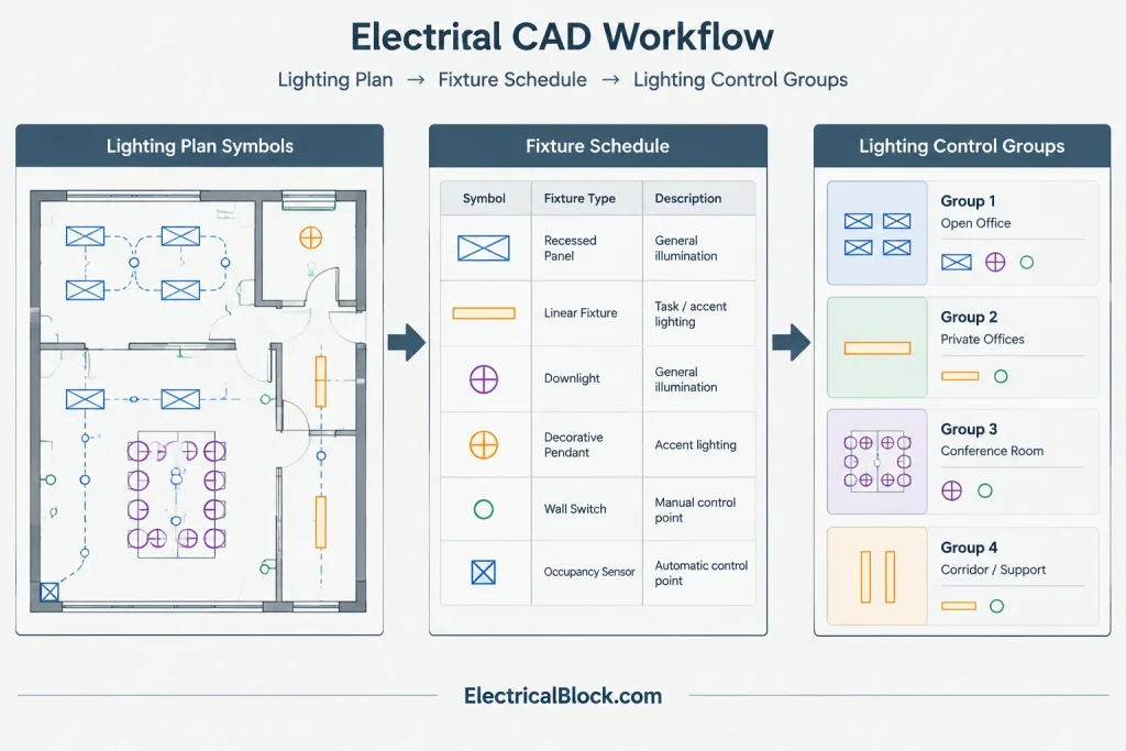 Lighting Fixture Tags in CAD: Coordinating Plans, Schedules, and Controls electrical CAD illustration