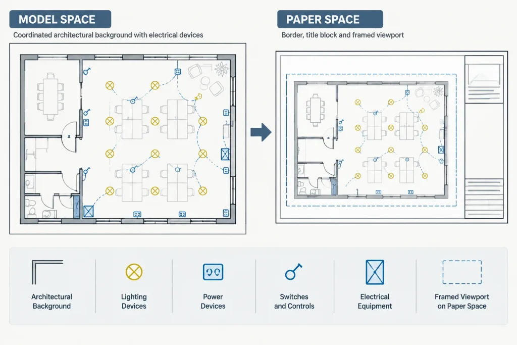 Model Space vs. Paper Space for Electrical CAD Drawings electrical CAD illustration