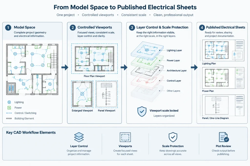 Model Space vs. Paper Space for Electrical CAD Drawings electrical CAD illustration