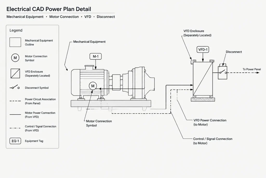 Motor and VFD Drawings in CAD: Coordinating Power, Controls, and Equipment electrical CAD illustration