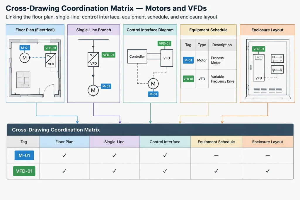 Motor and VFD Drawings in CAD: Coordinating Power, Controls, and Equipment electrical CAD illustration