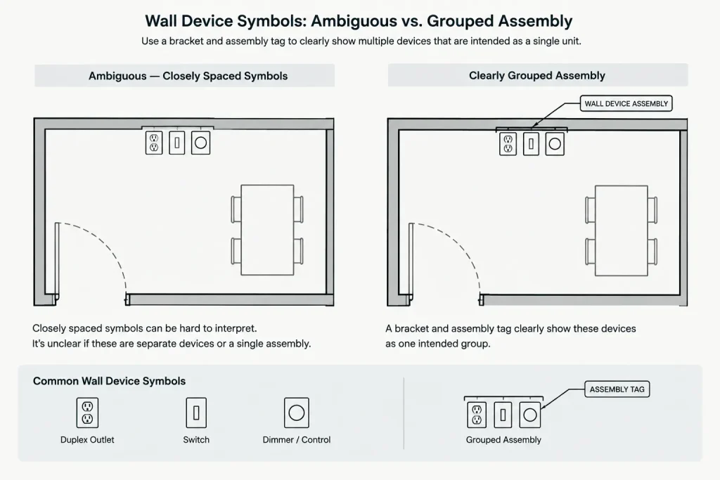 Multi-Device Wall Assemblies in Electrical CAD: Grouping Switches, Receptacles, and Low-Voltage Devices electrical CAD illustration