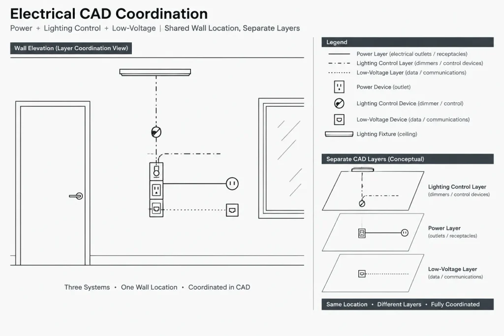 Multi-Device Wall Assemblies in Electrical CAD: Grouping Switches, Receptacles, and Low-Voltage Devices electrical CAD illustration