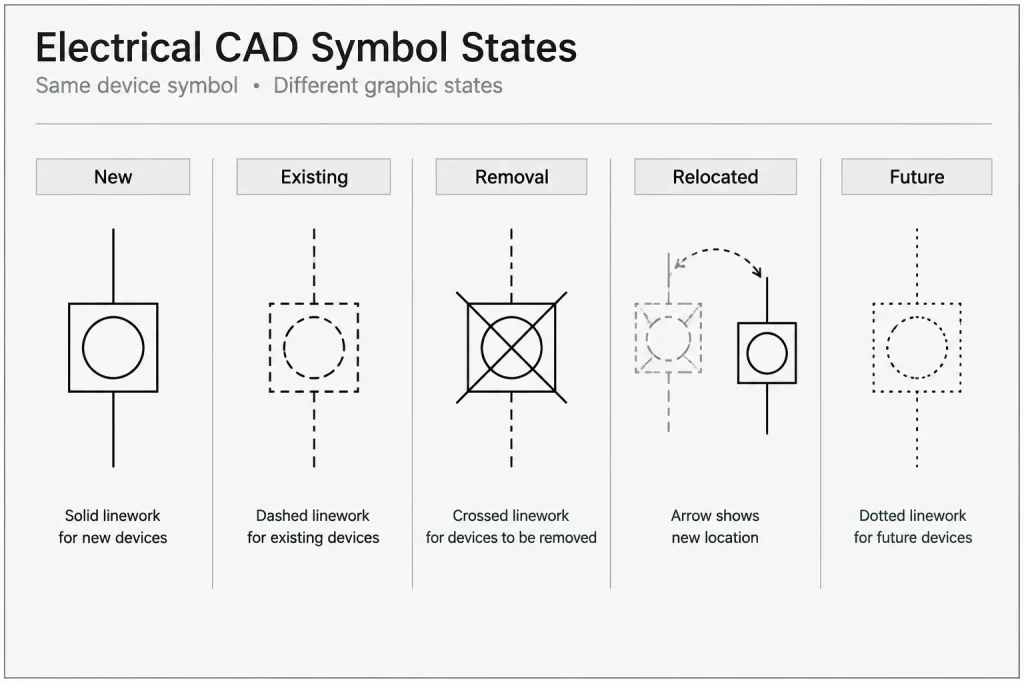 New, Existing, Relocated, and Future Electrical Work in CAD electrical CAD illustration