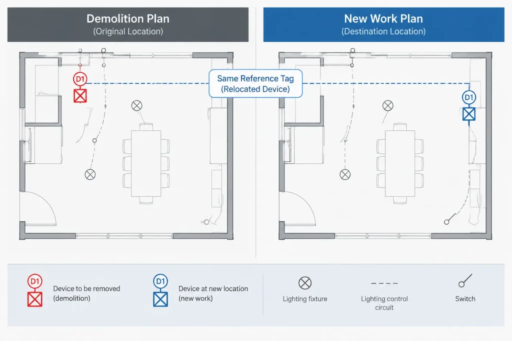 New, Existing, Relocated, and Future Electrical Work in CAD electrical CAD illustration