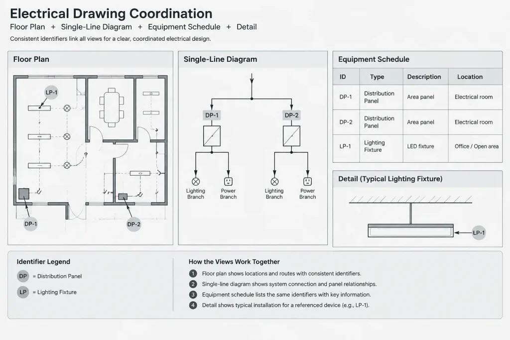 New, Existing, Relocated, and Future Electrical Work in CAD electrical CAD illustration