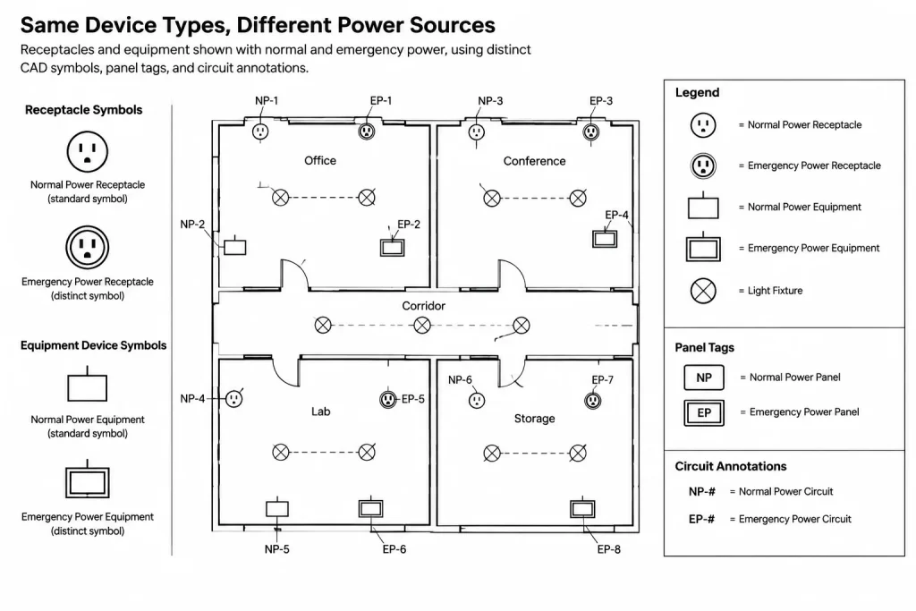 Normal and Emergency Power Plans in CAD: Separating Sources, Circuits, and Transfer Paths electrical CAD illustration
