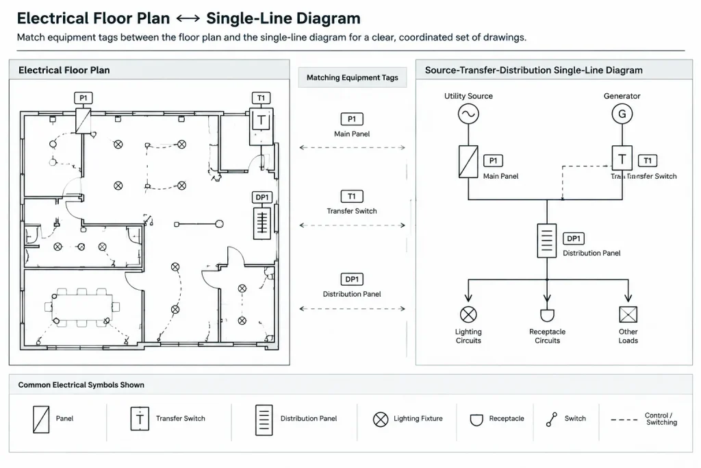 Normal and Emergency Power Plans in CAD: Separating Sources, Circuits, and Transfer Paths electrical CAD illustration