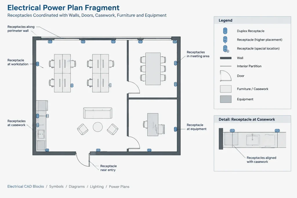 Receptacle Plans in CAD: Symbols, Circuiting, and Equipment Coordination electrical CAD illustration