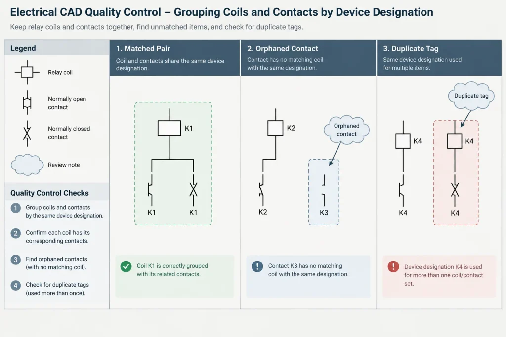 Relay and Contactor Cross-References in CAD: Coordinating Coils, Contacts, and Device Tags electrical CAD illustration