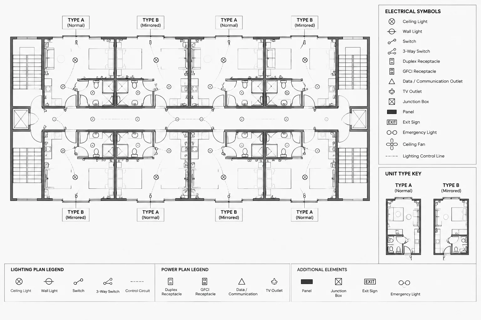 Repeated Unit Electrical Plans in CAD: Typical Layouts, Mirrored Units, and Exceptions