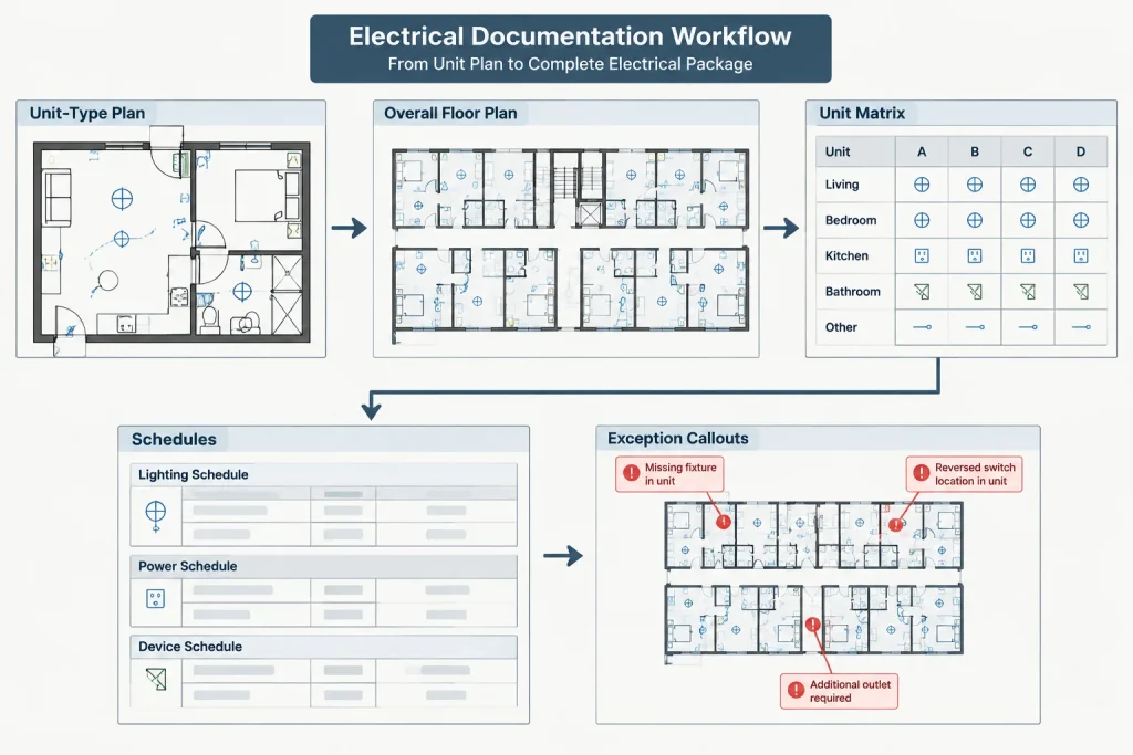 Repeated Unit Electrical Plans in CAD: Typical Layouts, Mirrored Units, and Exceptions electrical CAD illustration