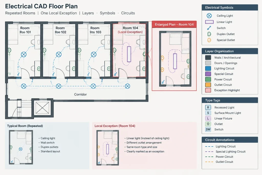 Repeated Unit Electrical Plans in CAD: Typical Layouts, Mirrored Units, and Exceptions electrical CAD illustration