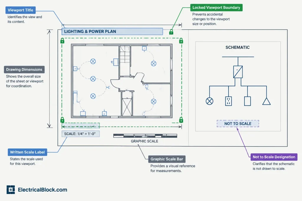 Scale Indicators in Electrical CAD: Coordinating Viewports, Graphic Scales, and NTS Details electrical CAD illustration