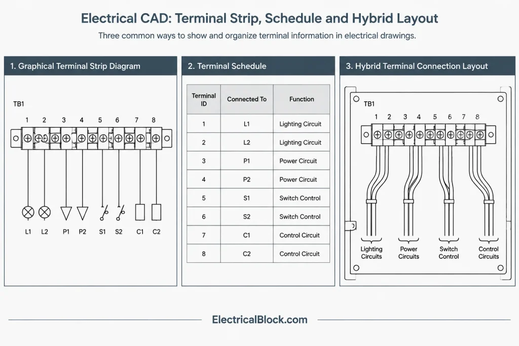 Terminal Block Diagrams in CAD: Strips, Jumpers, and Connection References electrical CAD illustration