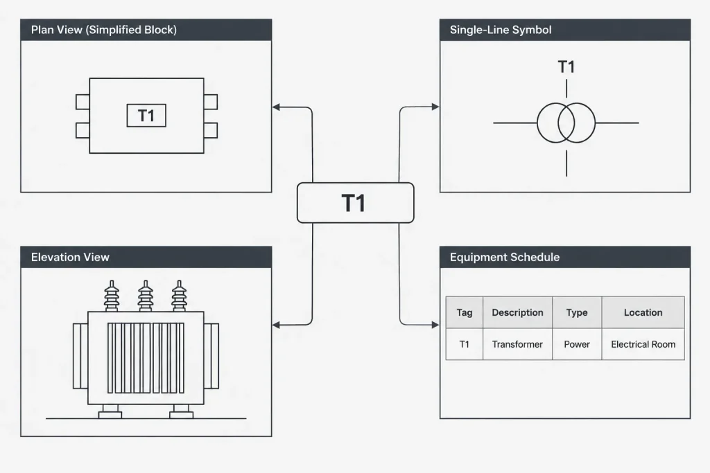 Transformer Drawings in CAD: Coordinating Plans, One-Lines, Schedules, and Details electrical CAD illustration