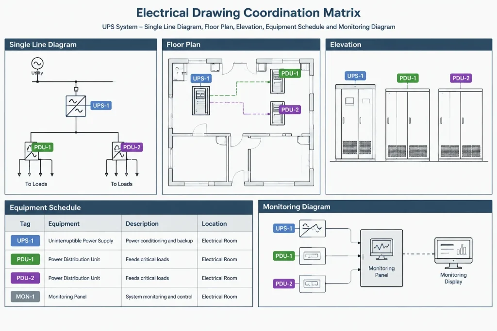 UPS System Drawings in CAD: Coordinating One-Lines, Plans, Bypass Paths, and Equipment Data electrical CAD illustration